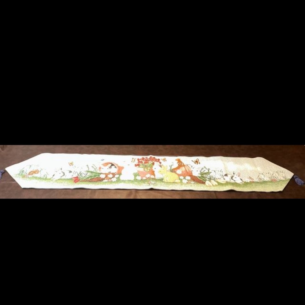 Springtime Easter Rabbits Flowers Tapestry Table Runner 70.5” X 13” Tassel‎ Ends